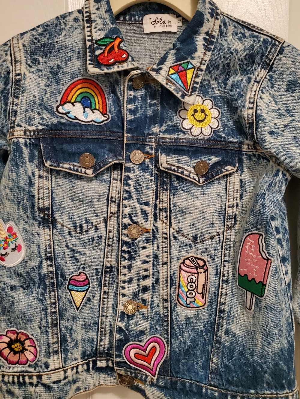 Girls Lola and the Boys Acid Wash Denim Jacket with Patches Size 14 - Picture 3 of 9